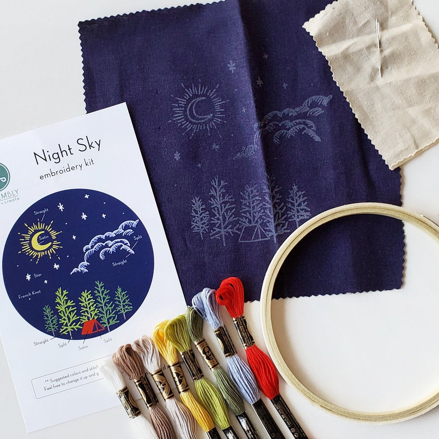 night sky camping embroidery kit class