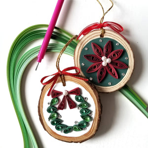 paper quilling wood slice holiday ornament diy
